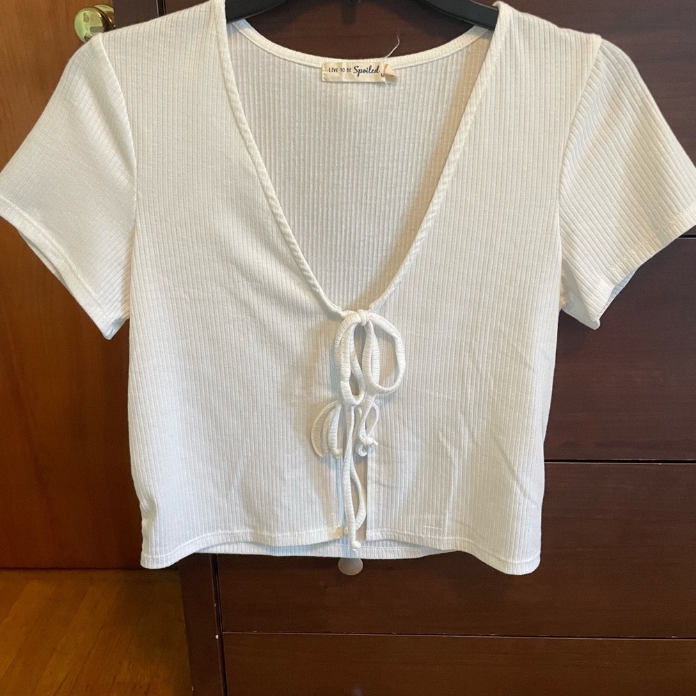 White Ribbed Tie-Front Top